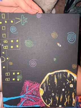 Hand-Painted Whimsical Space Scene on Black Canvas